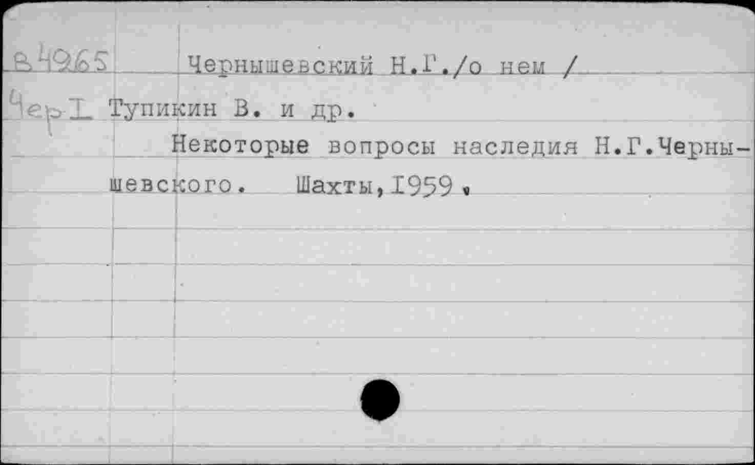 ﻿КВ9А5______Чернышевский Н.Г./о нем /_______
Ц&ьЛ Тупикин В. и др.
Некоторые вопросы наследия Н.Г.Чернышевского. Шахты,1959«